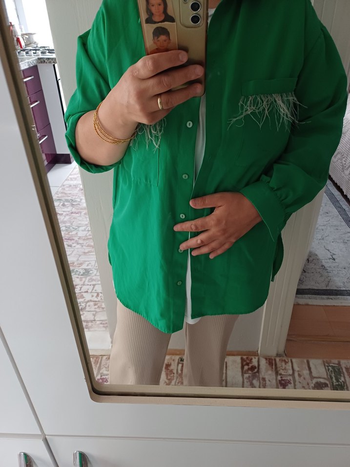 Düğmeli Uzun Kollu Yeşil Salaş Gömlek - Görsel 4