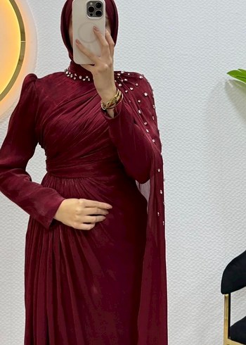 Bordo Uzun Kollu İşlemeli Abiye Elbise