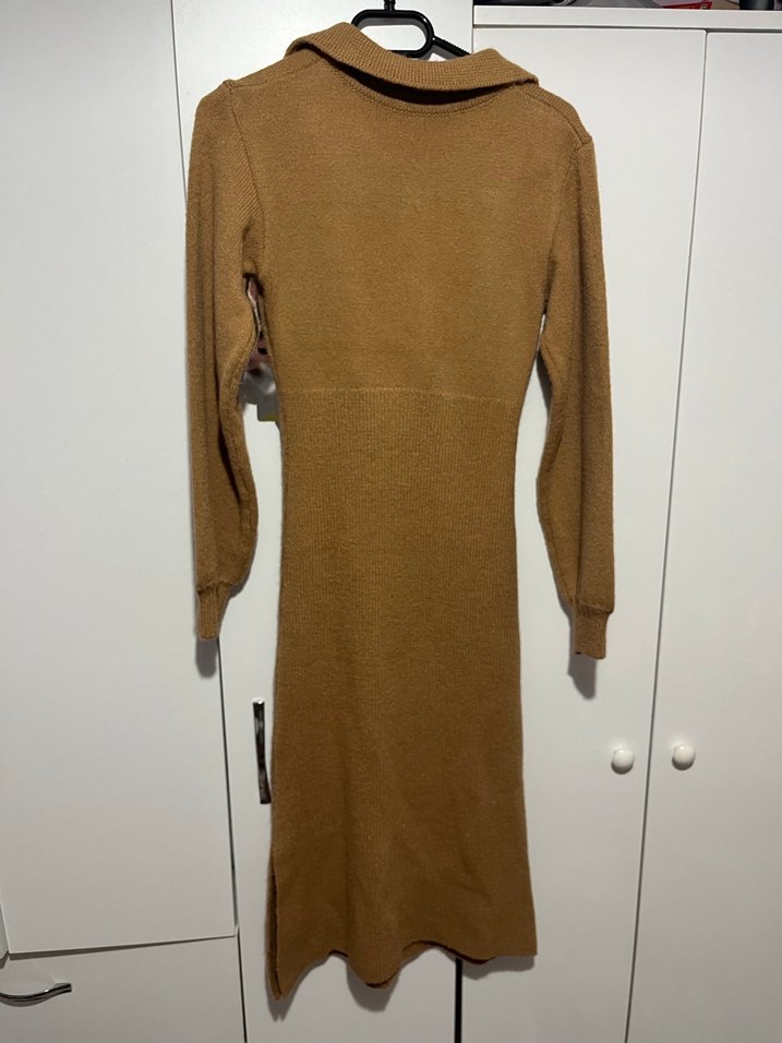 Kahverengi Uzun Kollu Triko Elbise - Görsel 2