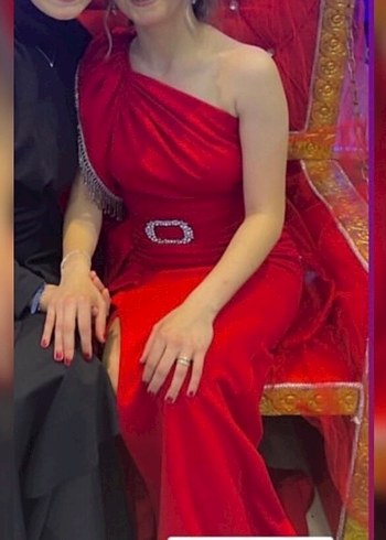 Kırmızı Drapeli Uzun Abiye Elbise - Görsel 6