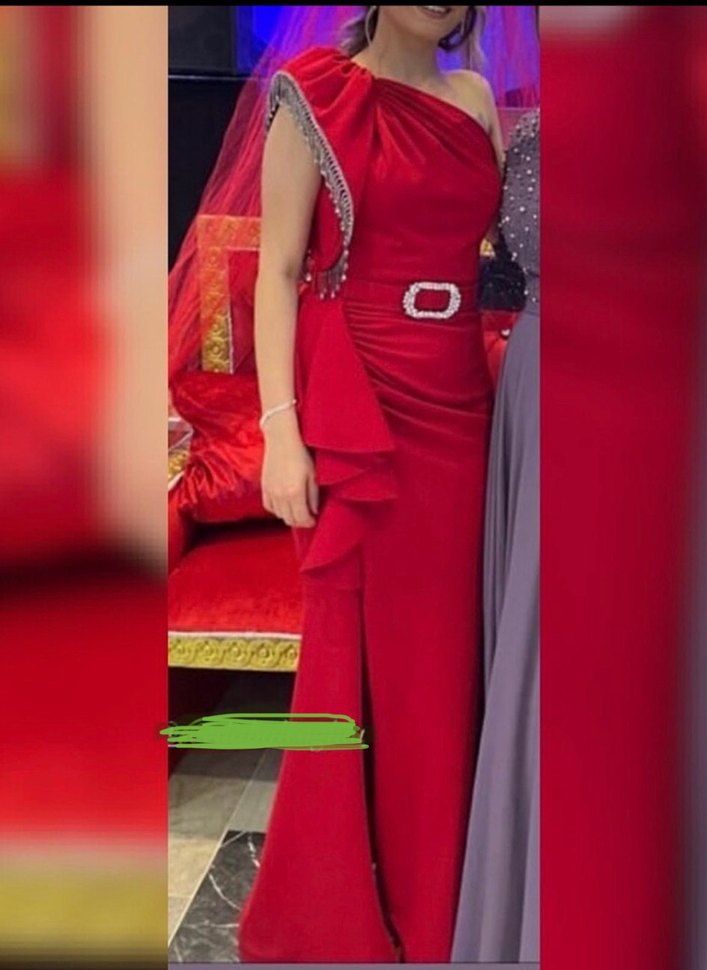 Kırmızı Drapeli Uzun Abiye Elbise - Görsel 2