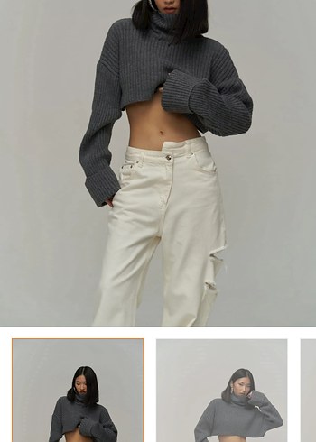 Gri Örme Boğazlı Crop Kazak - Görsel 2