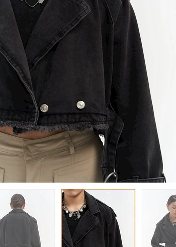 Siyah Kemerli Kısa Kot Trençkot - Görsel 4