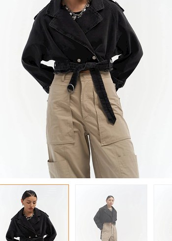 Siyah Kemerli Kısa Kot Trençkot - Görsel 5