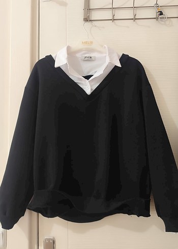 l Beden Siyah Pamuklu Yakalı Kadın Sweatshirt