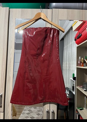 Bordo Straplez  Rugan Mini Elbise - Görsel 2