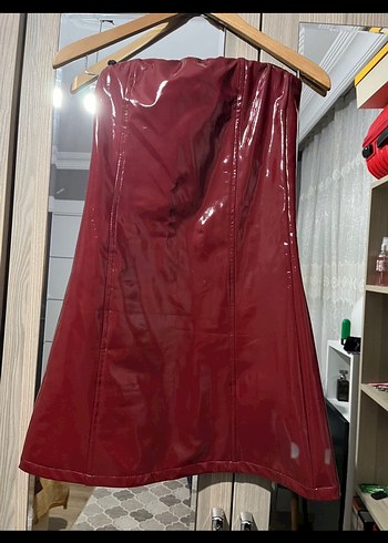 Bordo Straplez  Rugan Mini Elbise - Görsel 3