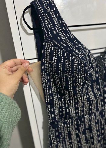 Boncuk İşlemeli Lacivert Uzun Abiye Elbise - Görsel 3