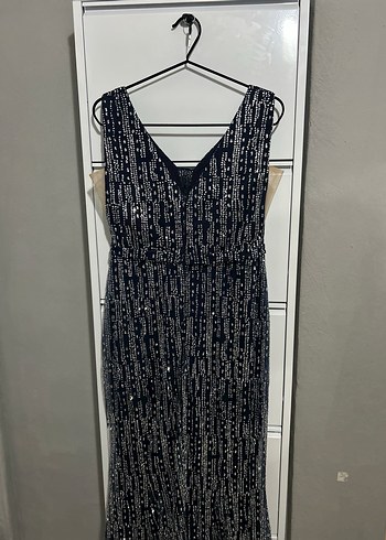 Boncuk İşlemeli Lacivert Uzun Abiye Elbise - Görsel 2