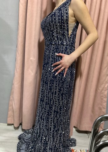 Boncuk İşlemeli Lacivert Uzun Abiye Elbise - Görsel 7