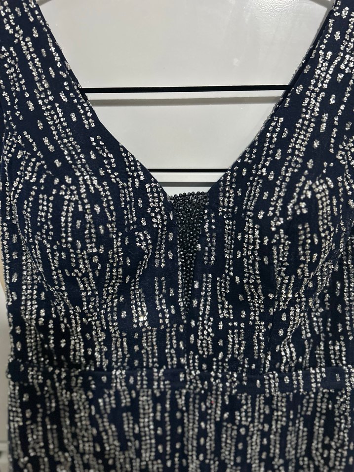 Boncuk İşlemeli Lacivert Uzun Abiye Elbise - Görsel 4