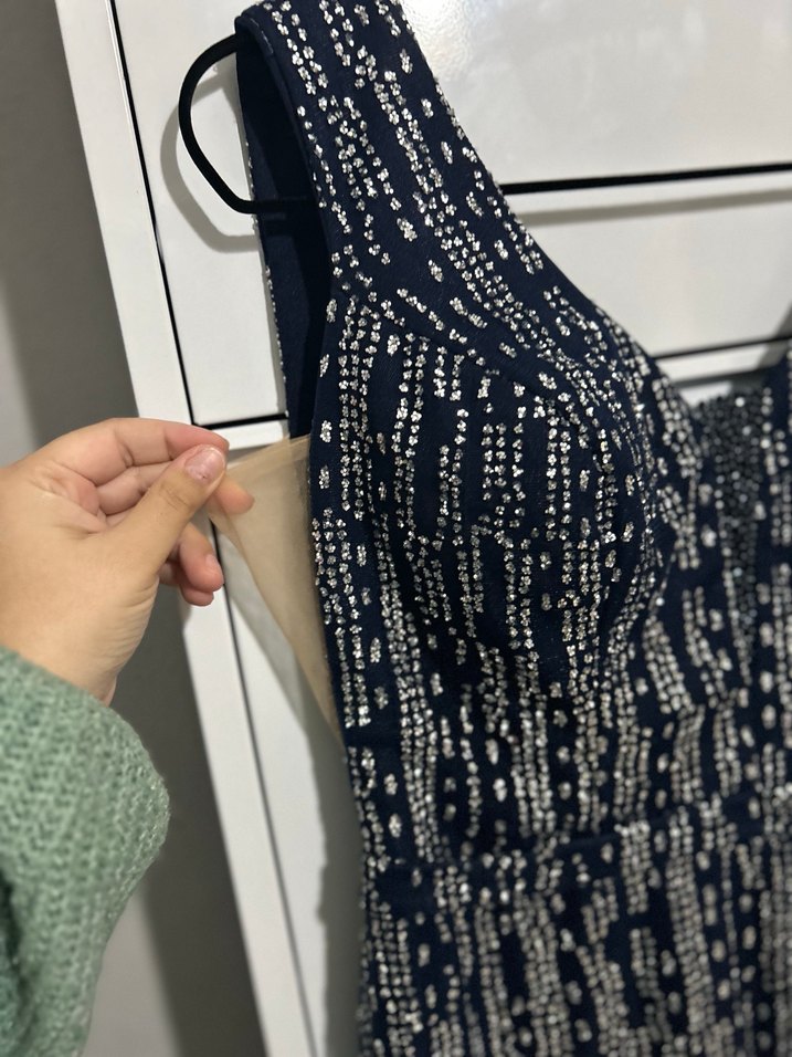 Boncuk İşlemeli Lacivert Uzun Abiye Elbise - Görsel 3