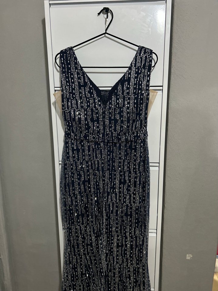 Boncuk İşlemeli Lacivert Uzun Abiye Elbise - Görsel 2