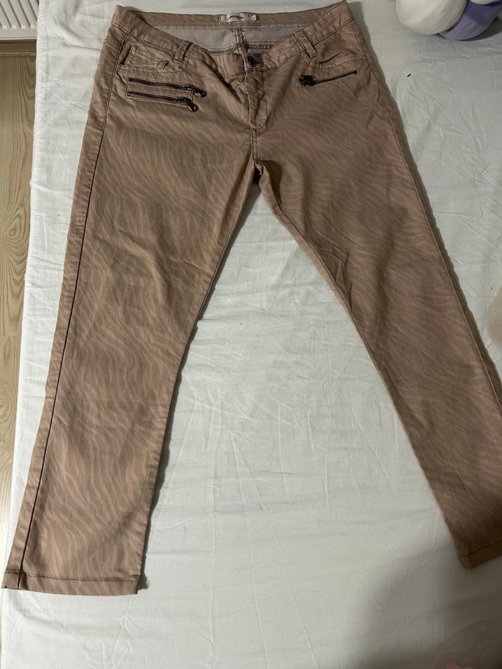 Kadın Bej Keten Fermuarlı Kumaş Pantolon - Görsel 4