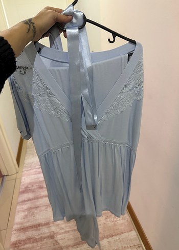 Mavi Midi Kadın Salaş Uzun Kollu Sabahlık - Görsel 2