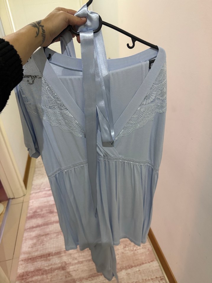 Mavi Midi Kadın Salaş Uzun Kollu Sabahlık - Görsel 2