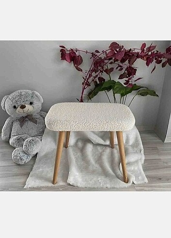Ahşap Ayaklı Tedy Kumaş Dekoratif Puf Bench Makyaj Sandalyesi Ov
