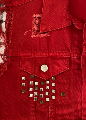 Kırmızı Düğmeli Kolsuz Denim Ceket - Görsel 2