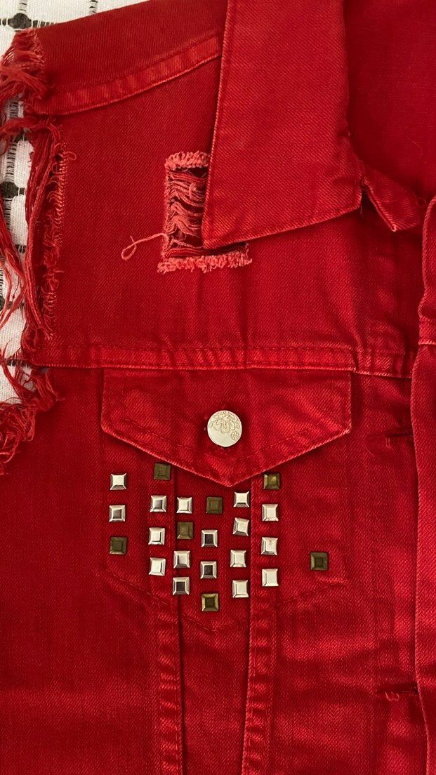 Kırmızı Düğmeli Kolsuz Denim Ceket - Görsel 2