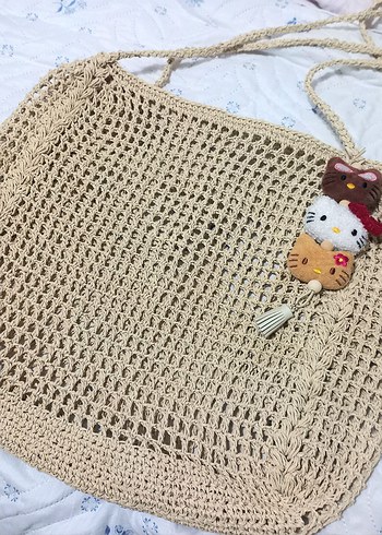 Hello Kitty El Örme Plaj Çantası Bej Bohem Kadın Plaj Çantası