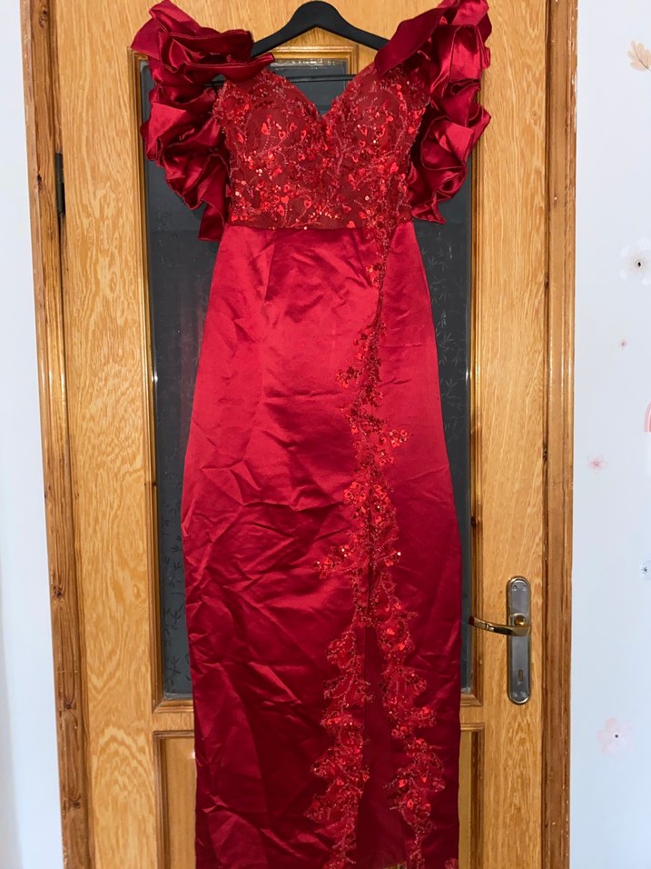 Kırmızı İşlemeli Uzun Abiye kına elbisesi - Görsel 3