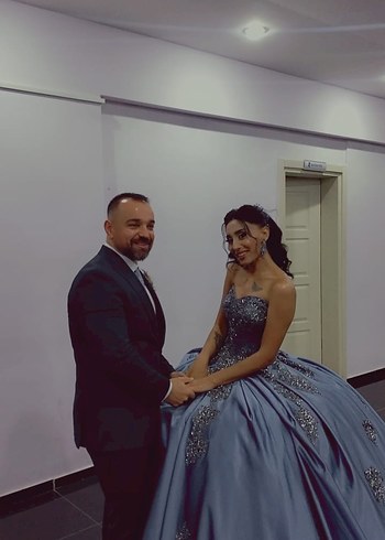 Mavi İşlemeli Straplez Uzun Nişanlık - Görsel 5