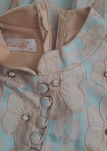 Bej Nakışlı Uzun Kollu Düğmeli Kadın Elbise - Görsel 7