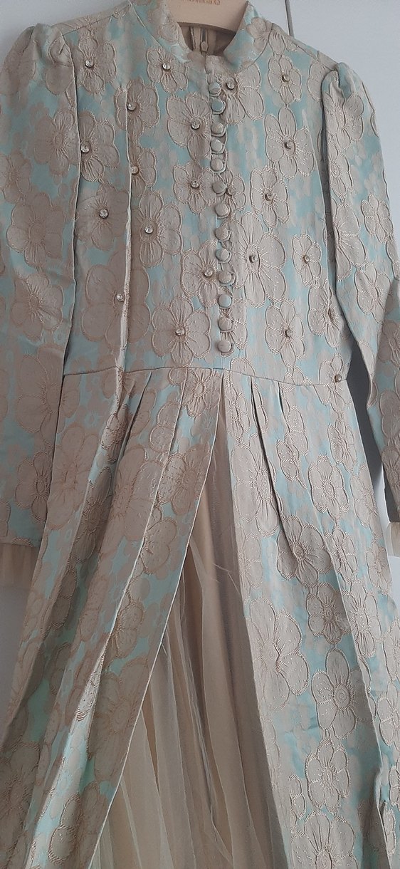 Bej Nakışlı Uzun Kollu Düğmeli Kadın Elbise - Görsel 4