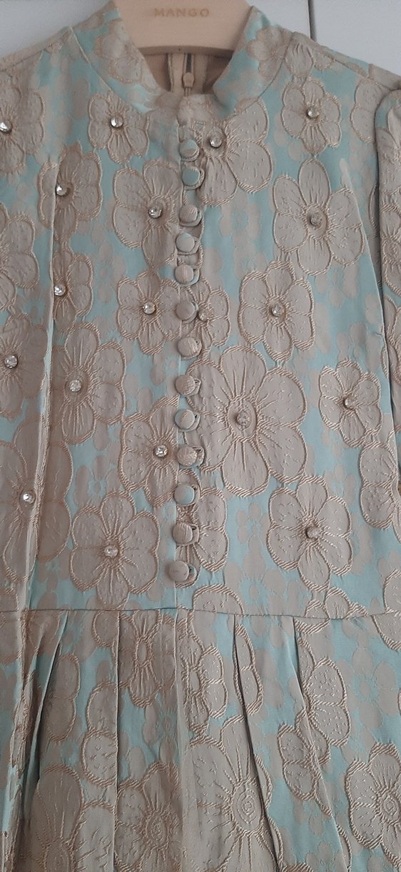 Bej Nakışlı Uzun Kollu Düğmeli Kadın Elbise - Görsel 3