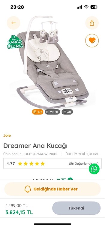 0 - 13 kg Beden Joie dreamer müzikli titreşimli ana kucağı