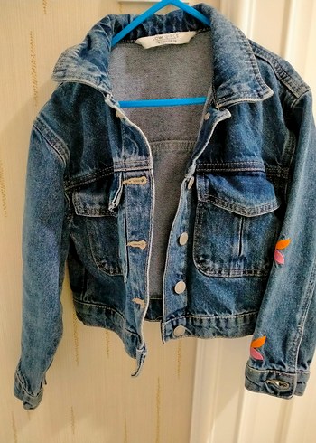 Nakışlı Düğmeli Mavi Kadın Denim Ceket