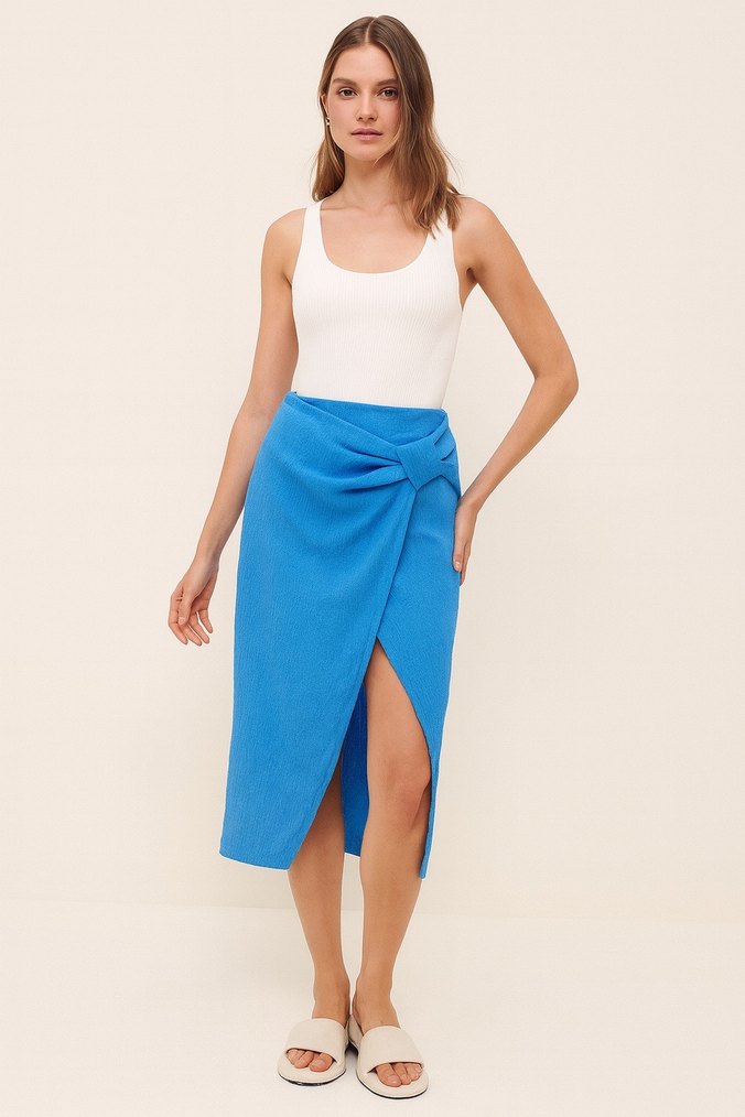 Mavi Keten Kadın Uzun Drapeli Etek - Görsel 5