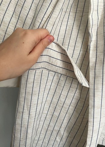 Bej Çizgili Keten Kadın Blazer Ceket - Görsel 3