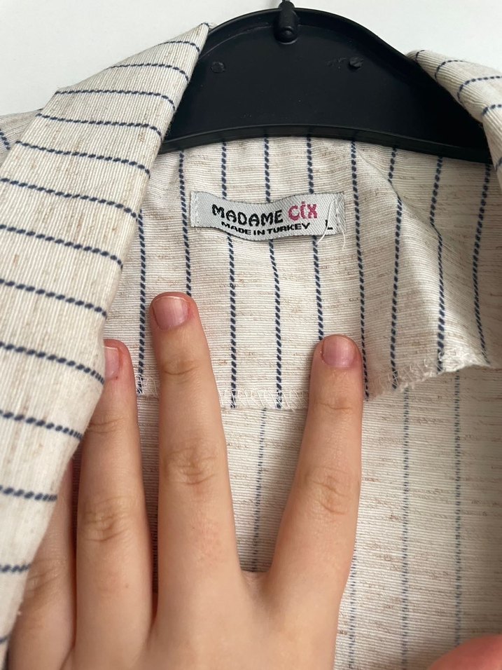 Bej Çizgili Keten Kadın Blazer Ceket - Görsel 2