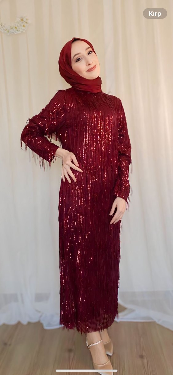 Bordo Uzun Pileli  Abiye Elbise - Görsel 2