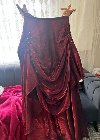 Bordo Nakışlı Uzun Kollu Kadın Abiye Elbise - Görsel 2