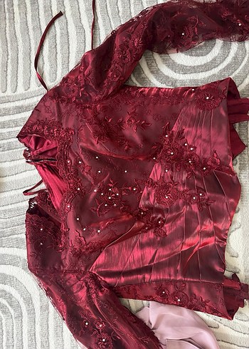 Bordo Nakışlı Uzun Kollu Kadın Abiye Elbise - Görsel 3