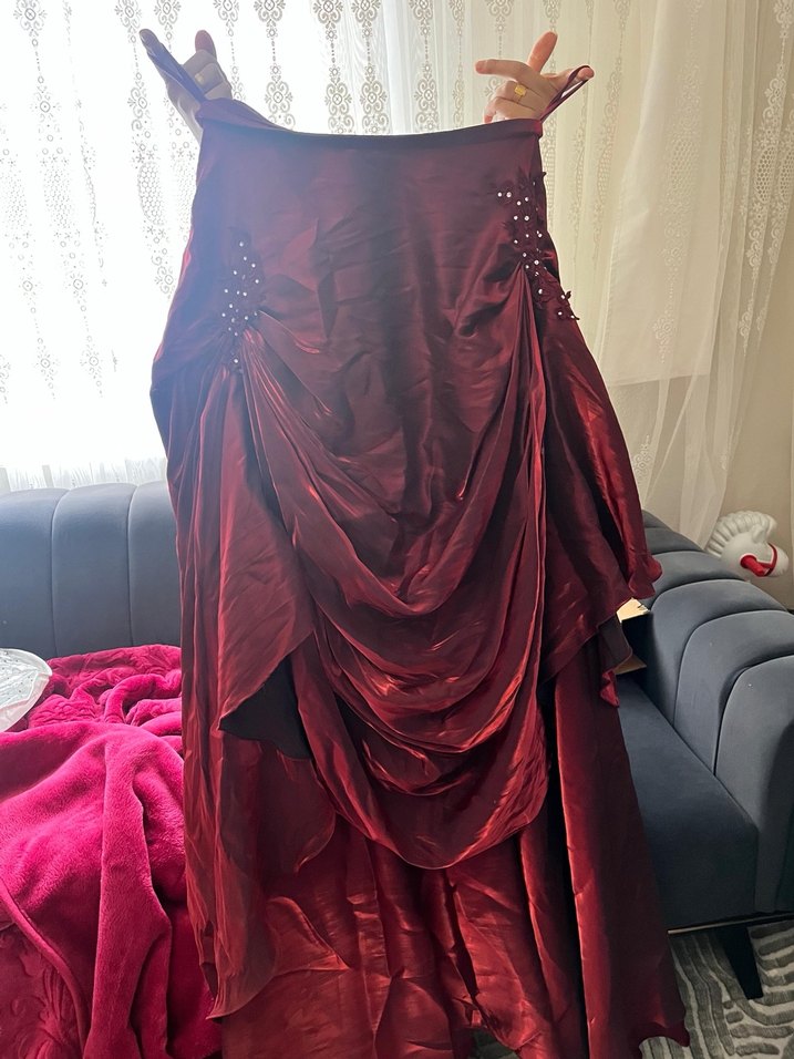 Bordo Nakışlı Uzun Kollu Kadın Abiye Elbise - Görsel 2