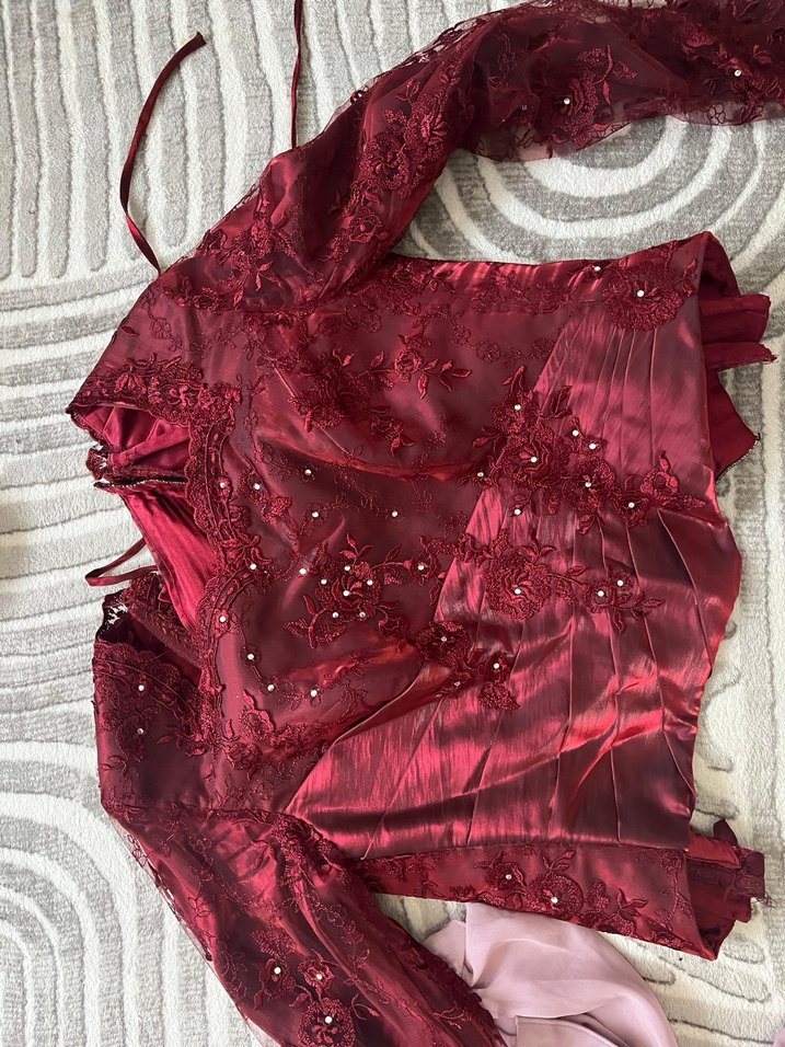 Bordo Nakışlı Uzun Kollu Kadın Abiye Elbise - Görsel 3