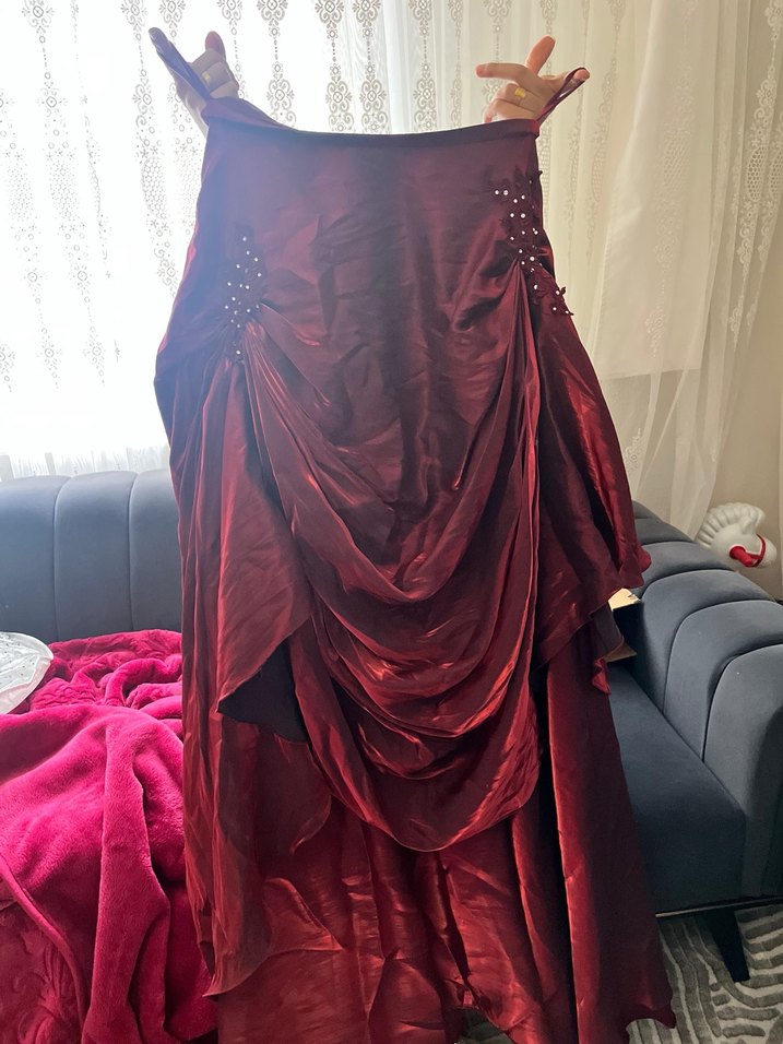 Bordo Nakışlı Uzun Kollu Kadın Abiye Elbise - Görsel 4