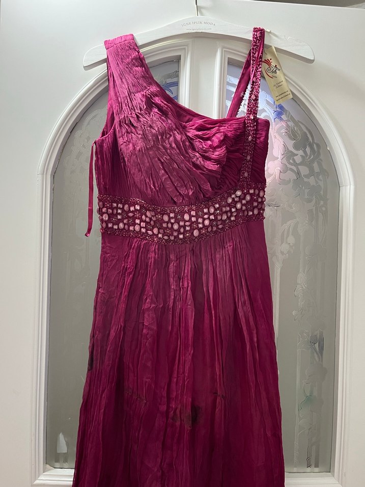 Bordo Drapeli Uzun Abiye Elbise - Görsel 3