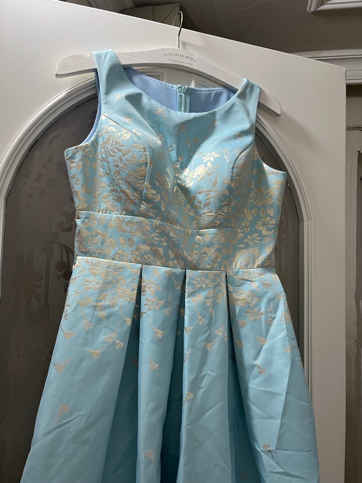 Mavi Parlak Desenli Uzun Kadın Abiye Elbise - Görsel 3