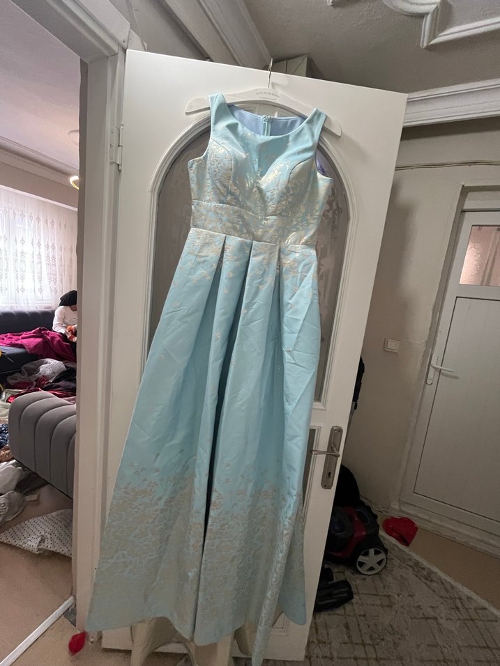 Mavi Parlak Desenli Uzun Kadın Abiye Elbise - Görsel 4