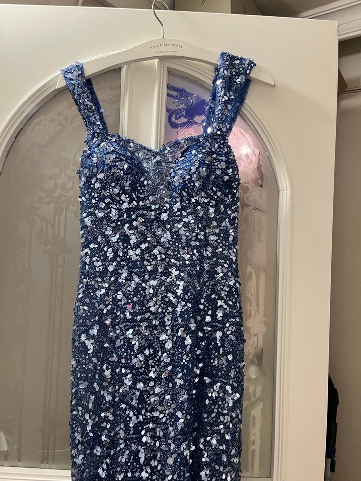 Lacivert Payetli Uzun Abiye Elbise - Görsel 2