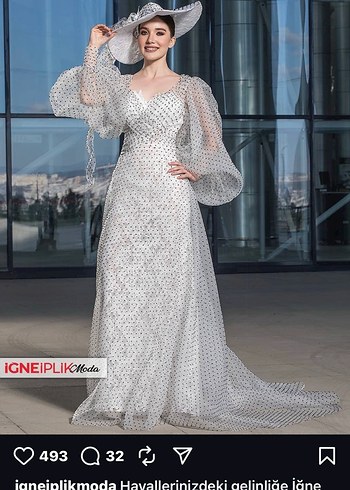 Şeffaf Puantiyeli Uzun V Yaka Abiye Elbise - Görsel 2