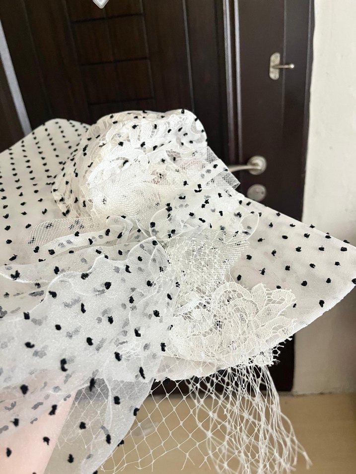 Şeffaf Puantiyeli Uzun V Yaka Abiye Elbise - Görsel 5