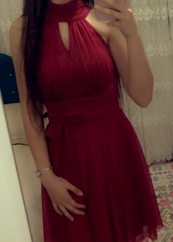 Kırmızı Drapeli V Yaka Midi Elbise - Görsel 2