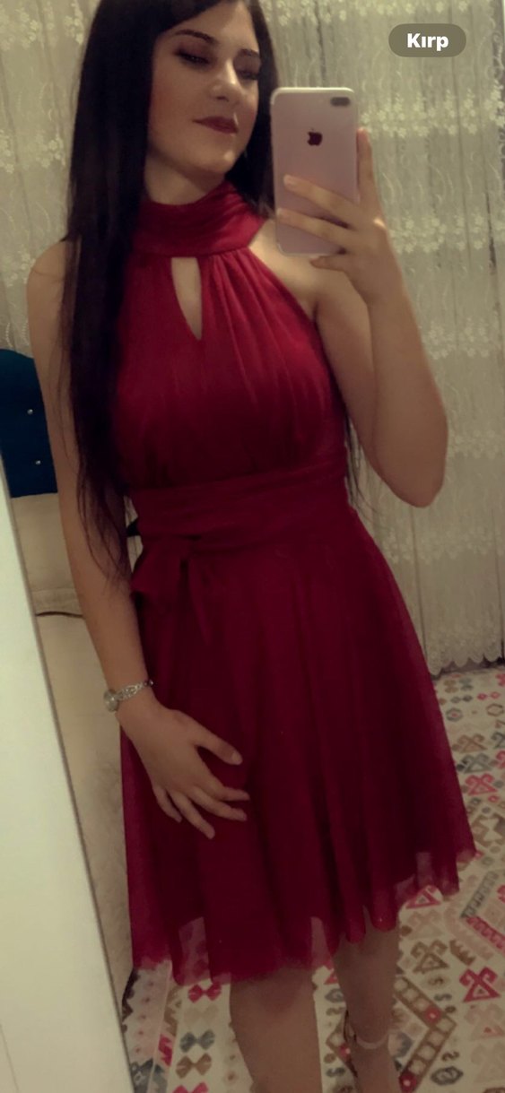 Kırmızı Drapeli V Yaka Midi Elbise - Görsel 2