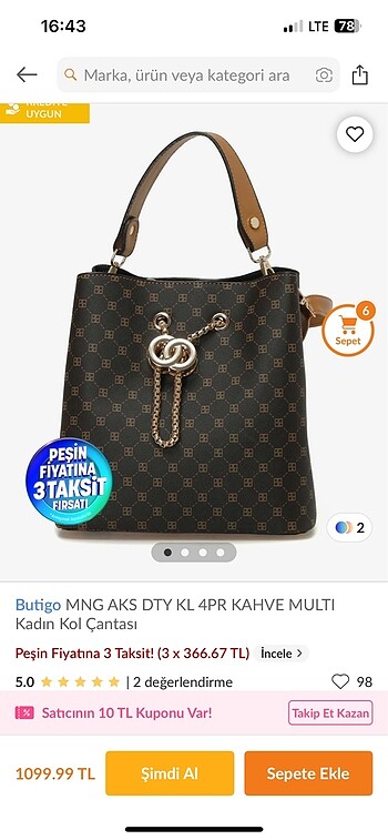 Butigo Kahve Kol Çantası