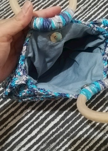 Beden mavi Renk Mavi Boncuklu Bohem Örgü Kadın Çanta